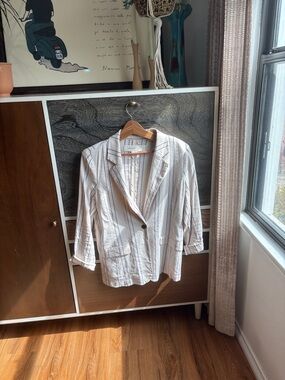 Treasure & Bond Cream and Gray Striped Single-Button Blazer